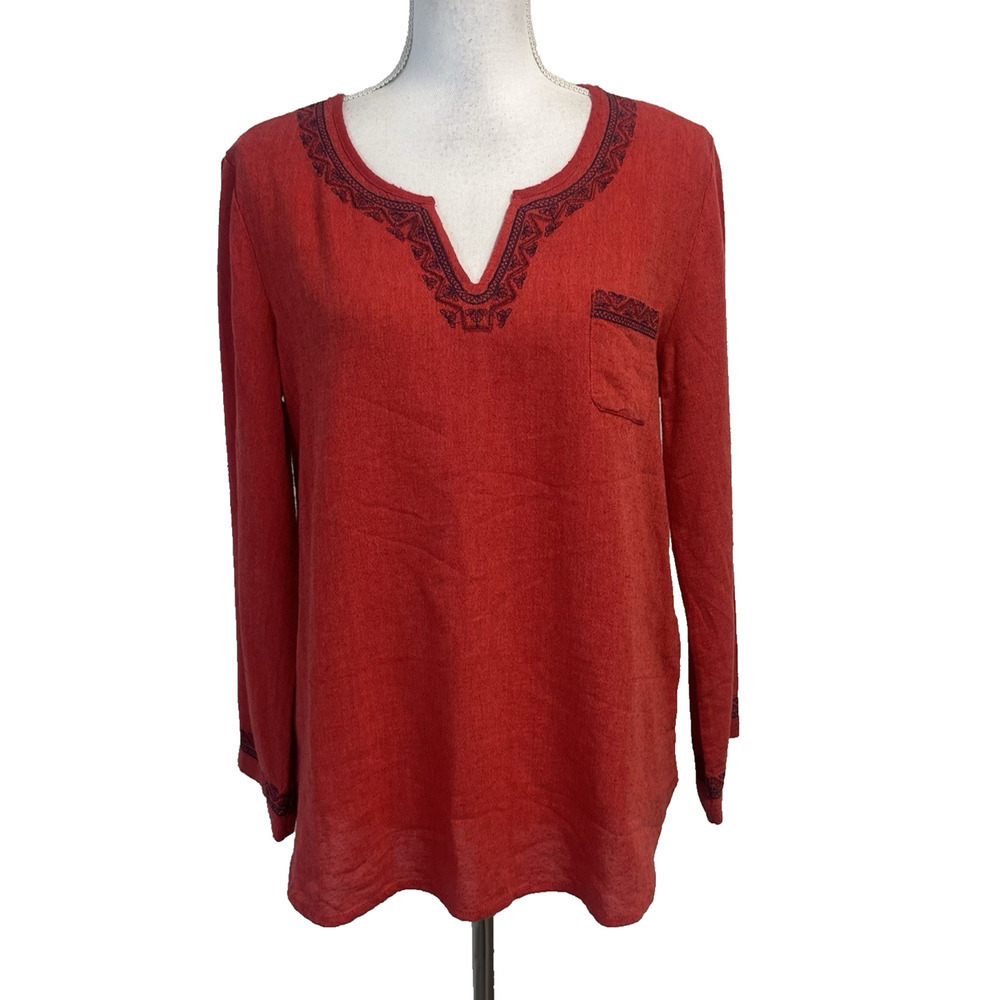 Lucky Brand Live in Love Blouse Top sz Medium Silk Red Blue Embroidered Boho